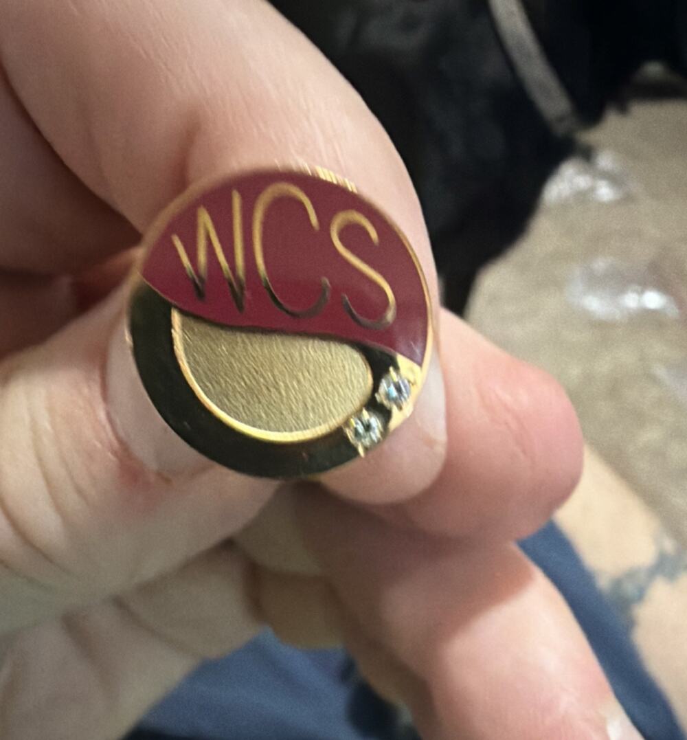 WCS Red and Gold Lapel Pin with Two Small diamond chips and 10 karat gold